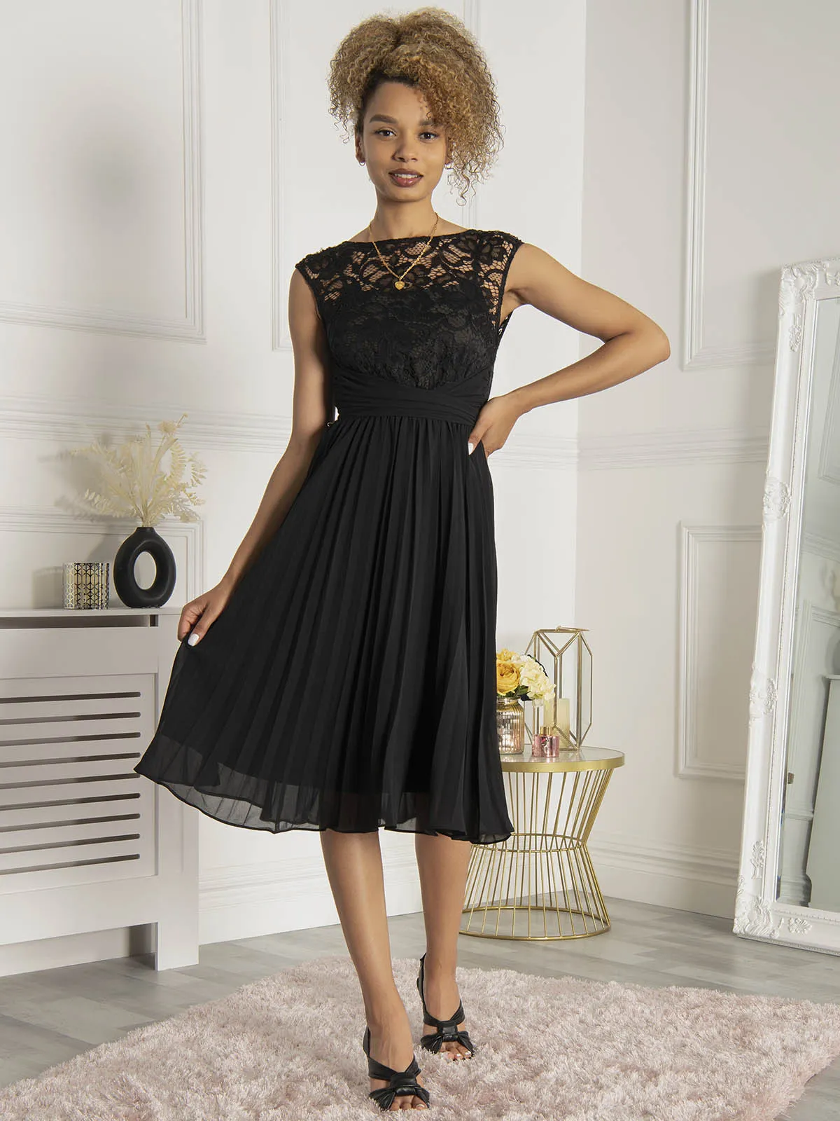 Cindy Lace Bodice Pleated Dress, Black