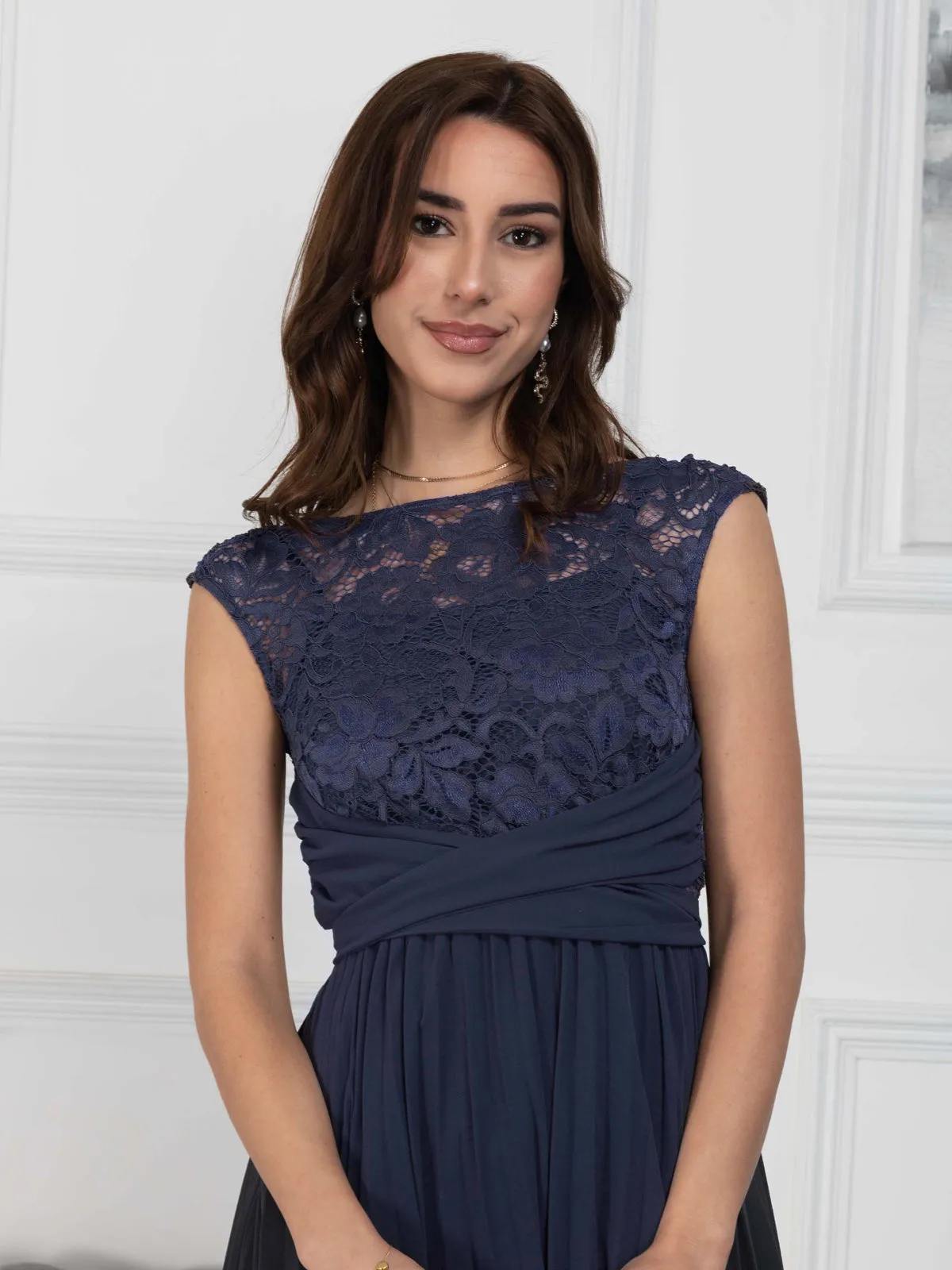 Cindy Lace Bodice Pleated Dress, Navy