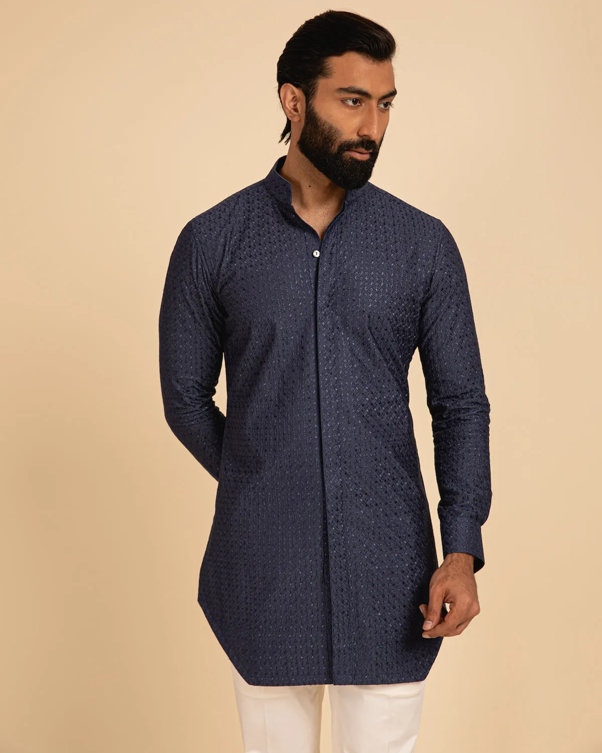 Cobalt Blue Silk Motif Kurta Set