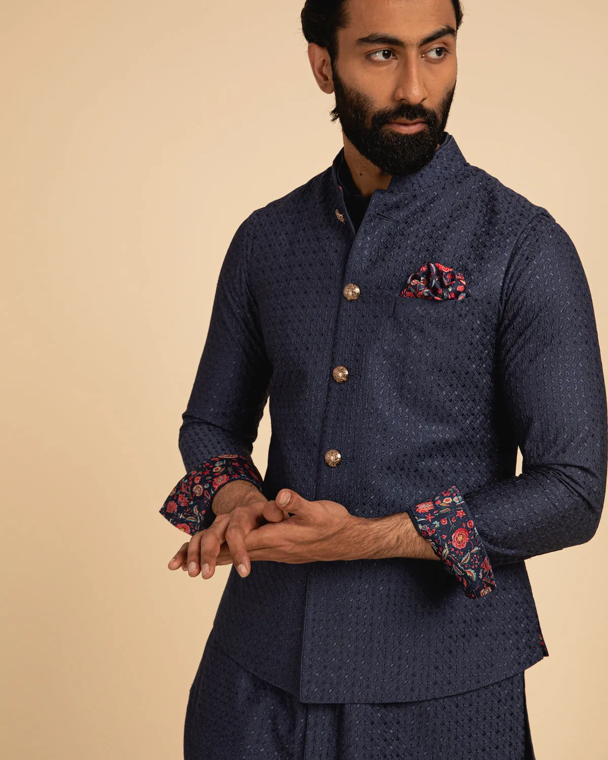 Cobalt Blue Silk Motif Kurta Set