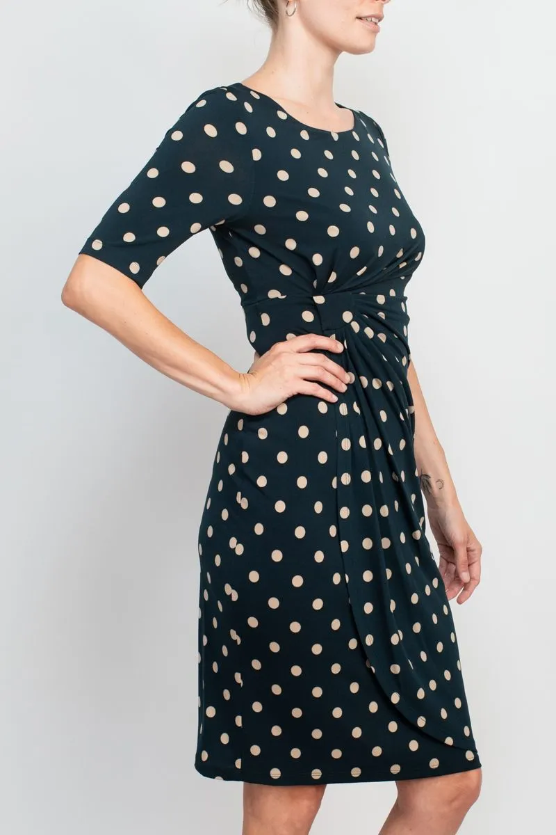 Connected Apparel boat neck elbow sleeve faux wrap detail stretch knit polka dot dress