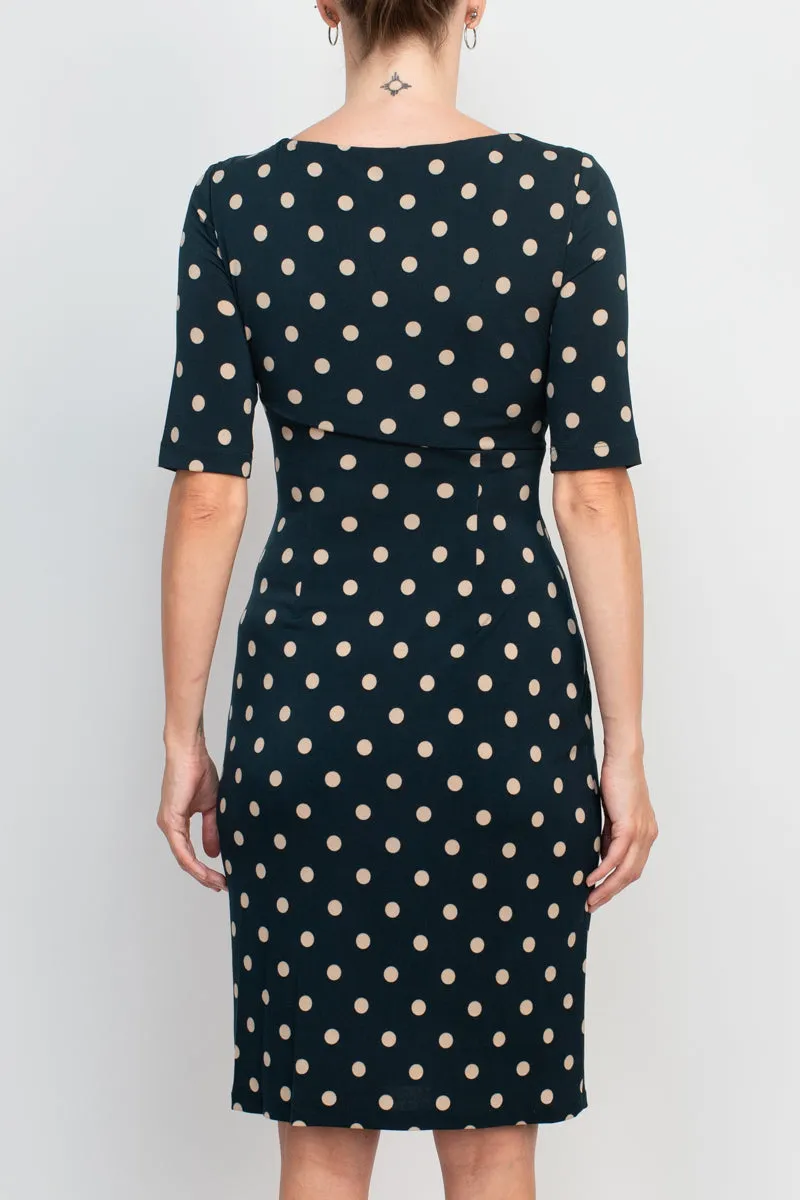 Connected Apparel boat neck elbow sleeve faux wrap detail stretch knit polka dot dress