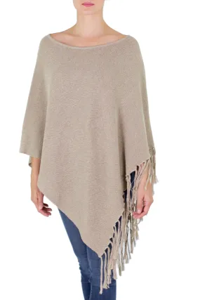 Cotton Poncho with Fringe Beige Colored from Guatemala - Spontaneous Style in Khaki | NOVICA