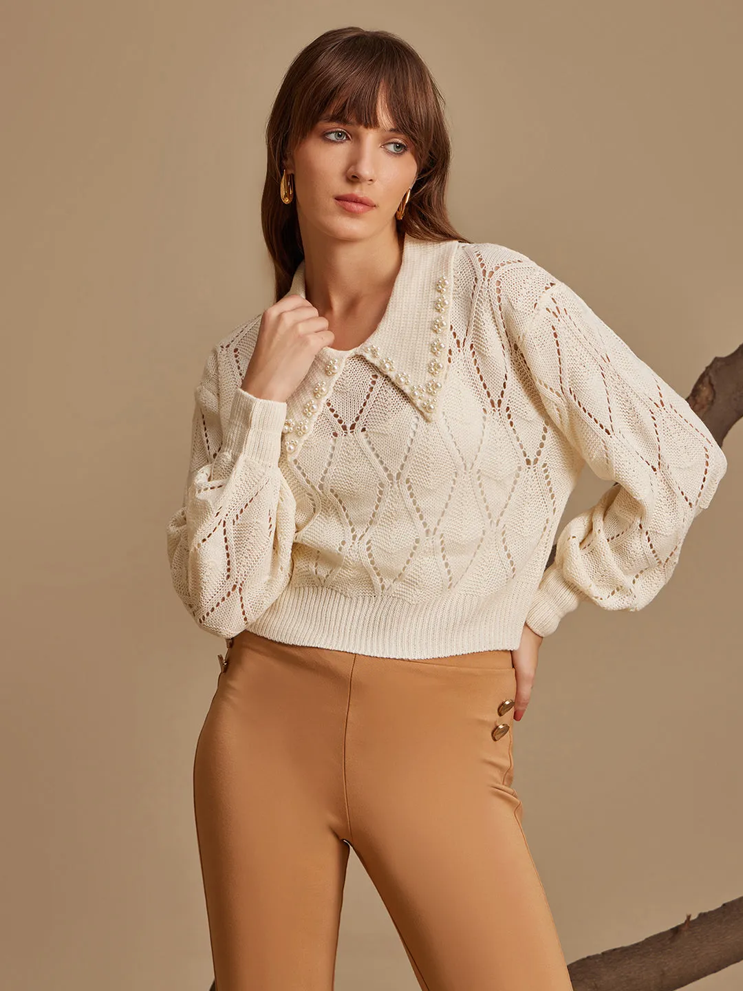 Cropped - Textured Pullover With Collar And Embellishment