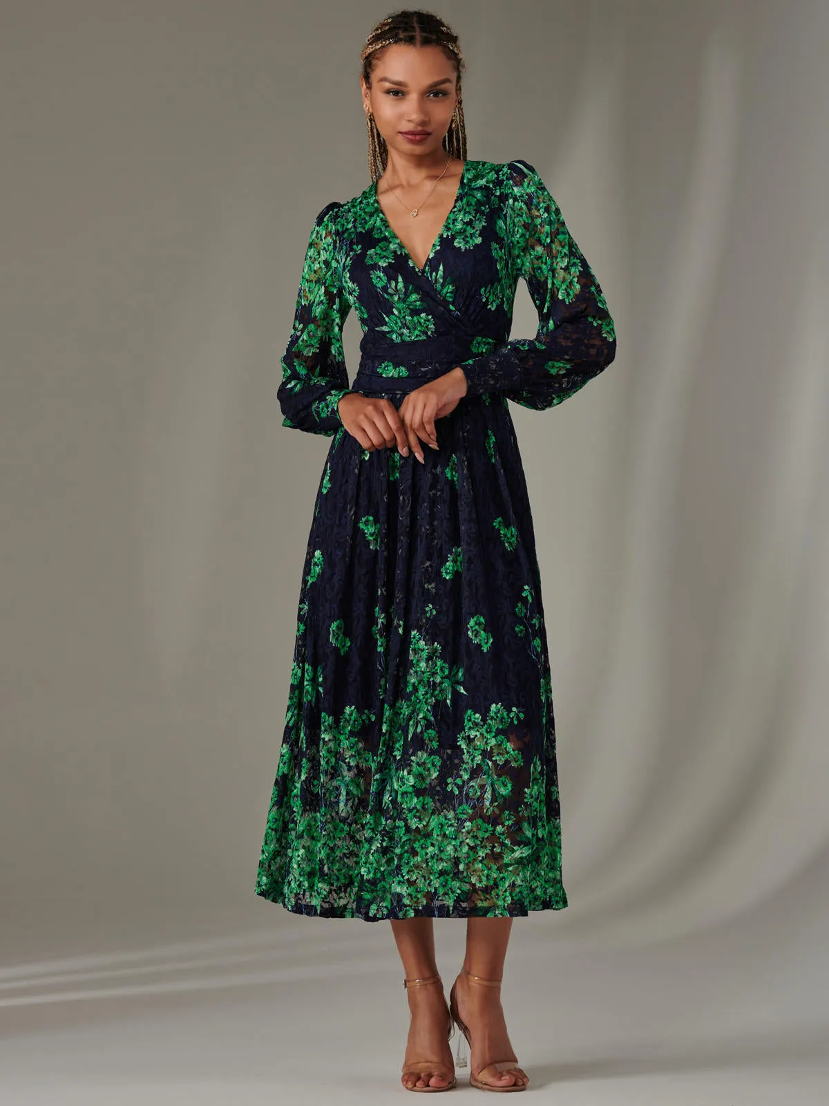 Dalia Symmetrical Print Lace Maxi Dress, Green Floral