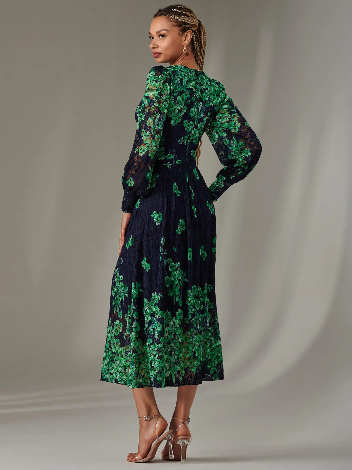 Dalia Symmetrical Print Lace Maxi Dress, Green Floral