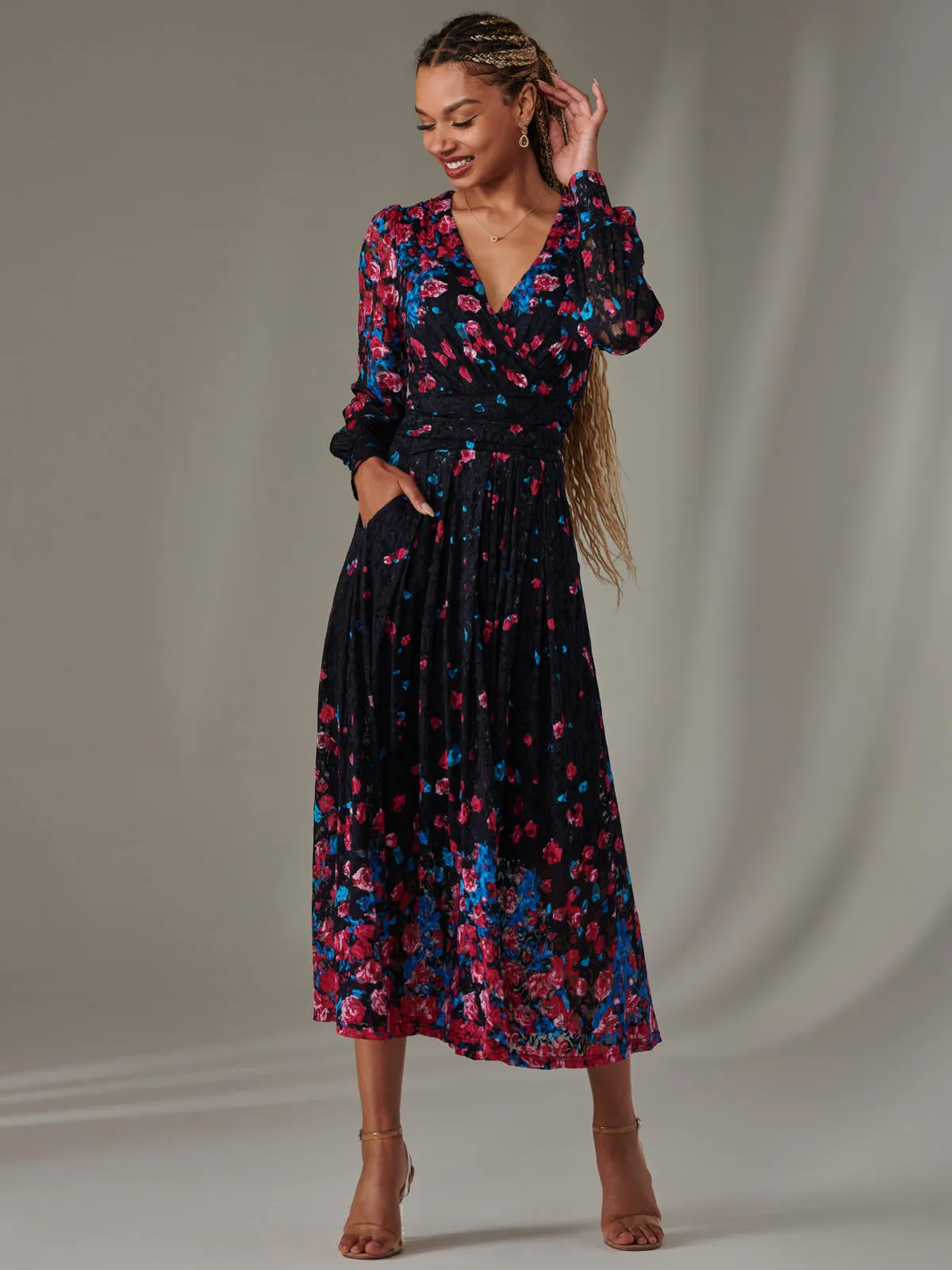 Dalia Symmetrical Print Lace Maxi Dress, Pink Multi