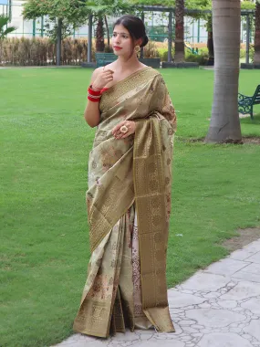 Dark Green Saree in Banarasi Silk Woven with Floral Prints