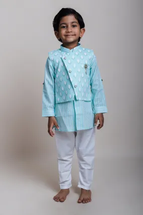 Designer Printed White Kurta And Green Jacket With Pants For Baby Boys