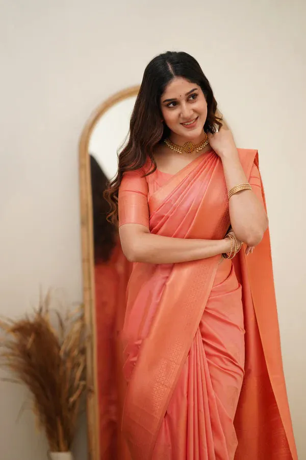 Desultory Peach Soft Silk Saree With Eloquence Blouse Piece