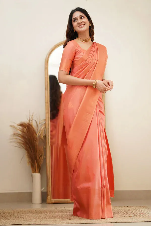 Desultory Peach Soft Silk Saree With Eloquence Blouse Piece