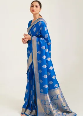 Egyptian Blue Zari Butta Woven Banasari Silk Saree