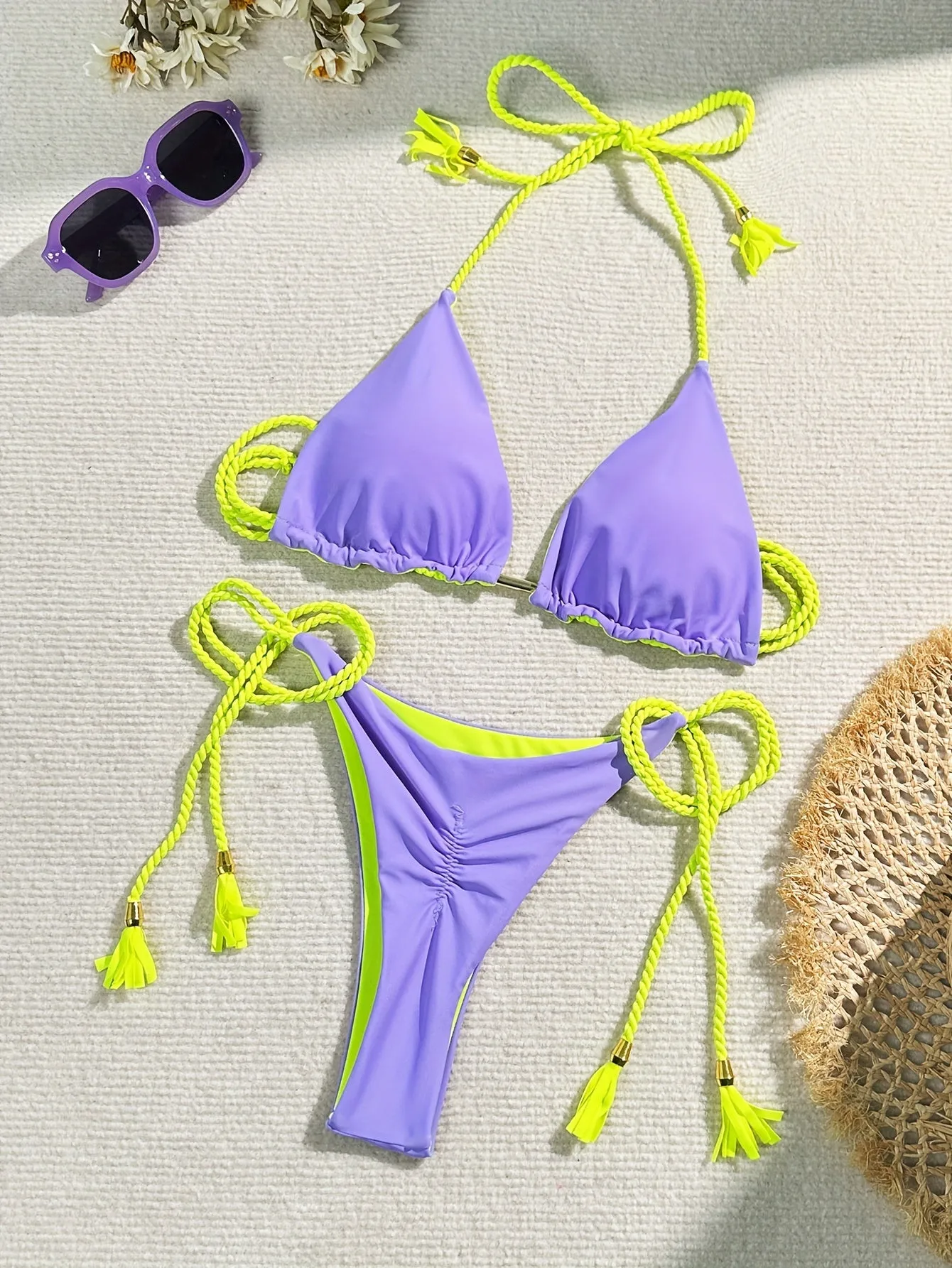 Elegant Lace-Up Halter V-Neck Bikini: Sexy High-Cut Thong, Adjustable Ties - Perfect Stretch & Easy-Care Swimwear