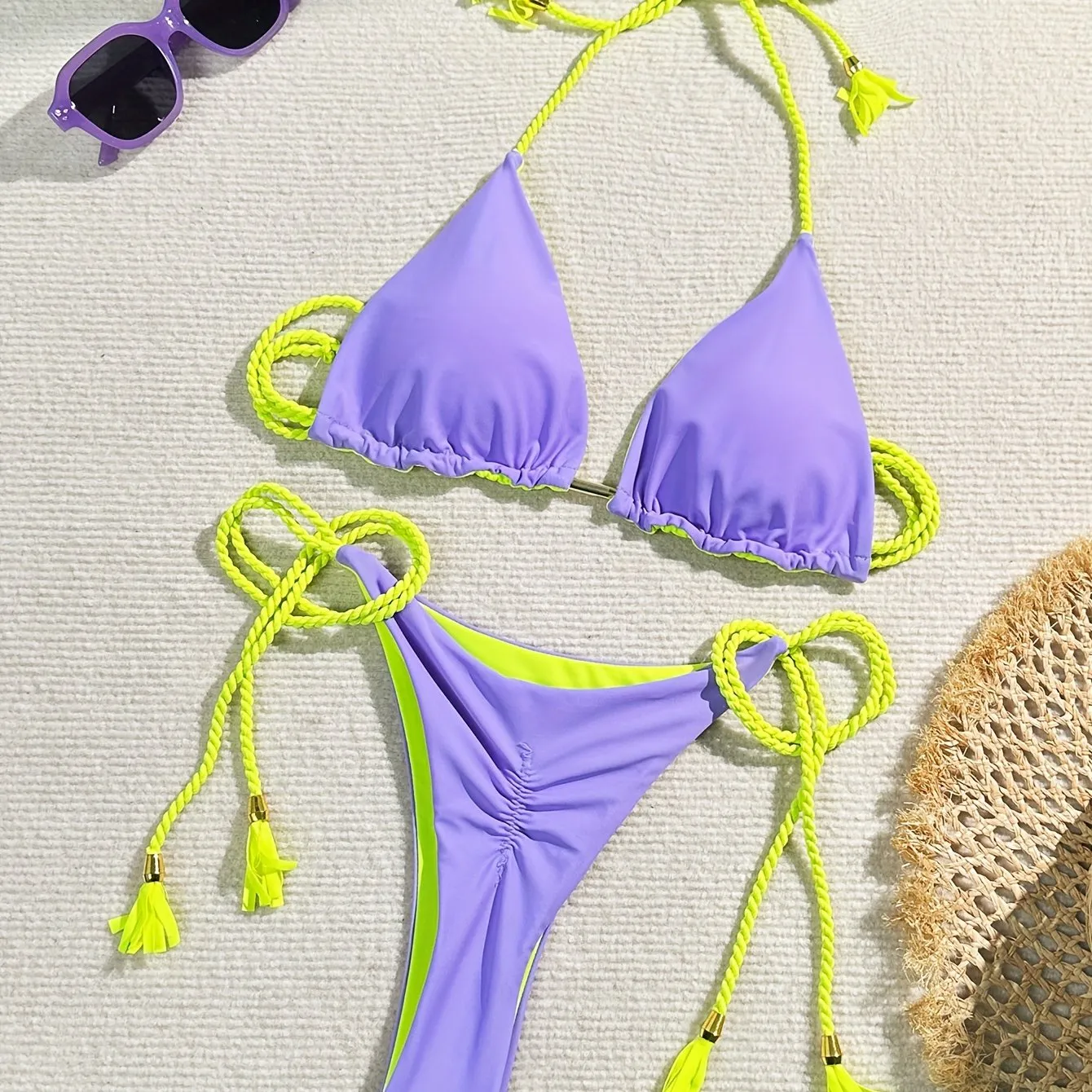 Elegant Lace-Up Halter V-Neck Bikini: Sexy High-Cut Thong, Adjustable Ties - Perfect Stretch & Easy-Care Swimwear