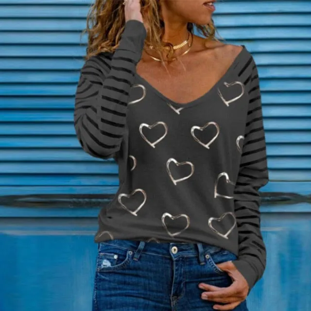 Elegant Ladies Sequined Heart Design Long Sleeve Top