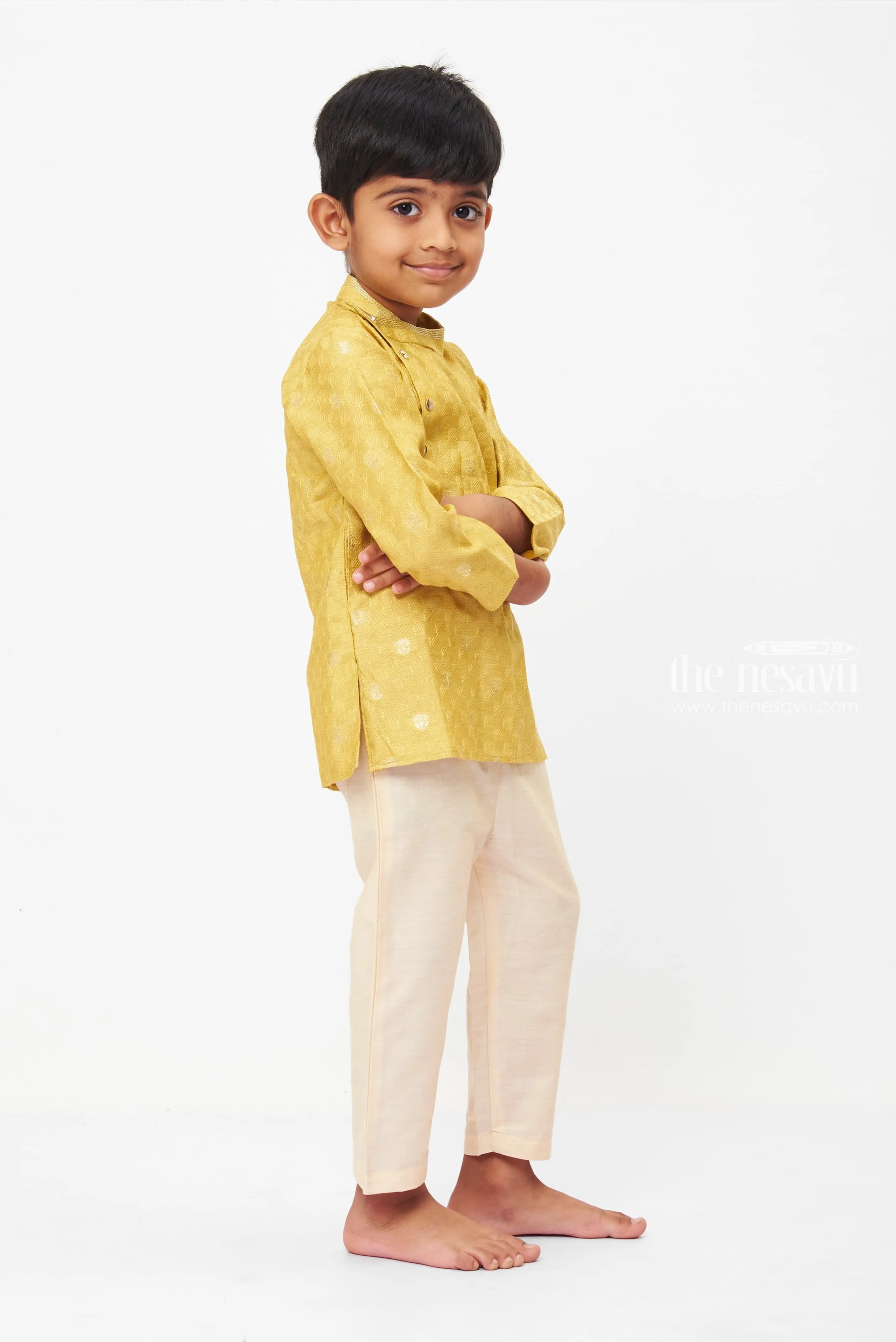 Elegant Mustard Yellow Kurta with Off-White Pant for Boys - Traditional Festive Wear