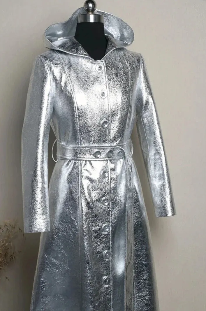 Elegant Silver Metallic Long Trench Coat