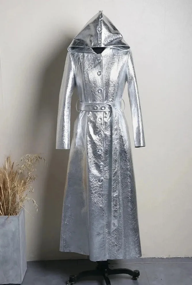 Elegant Silver Metallic Long Trench Coat