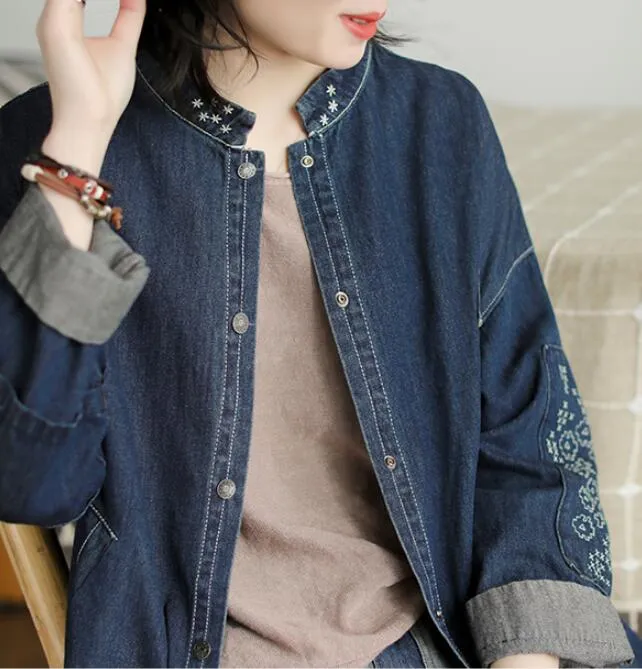 Embroidery Denim Plus Size Loose Casual Coat Parka Coat Jacket