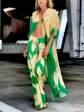 Exotic Green & Gold Kimono Duster and Pants Set