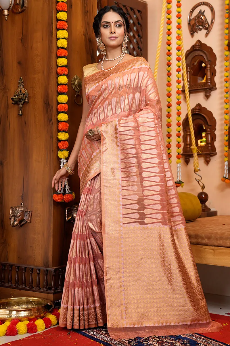 Felicitous Pink Organza Silk Saree With Snappy Blouse Piece