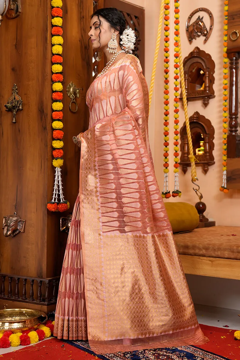 Felicitous Pink Organza Silk Saree With Snappy Blouse Piece