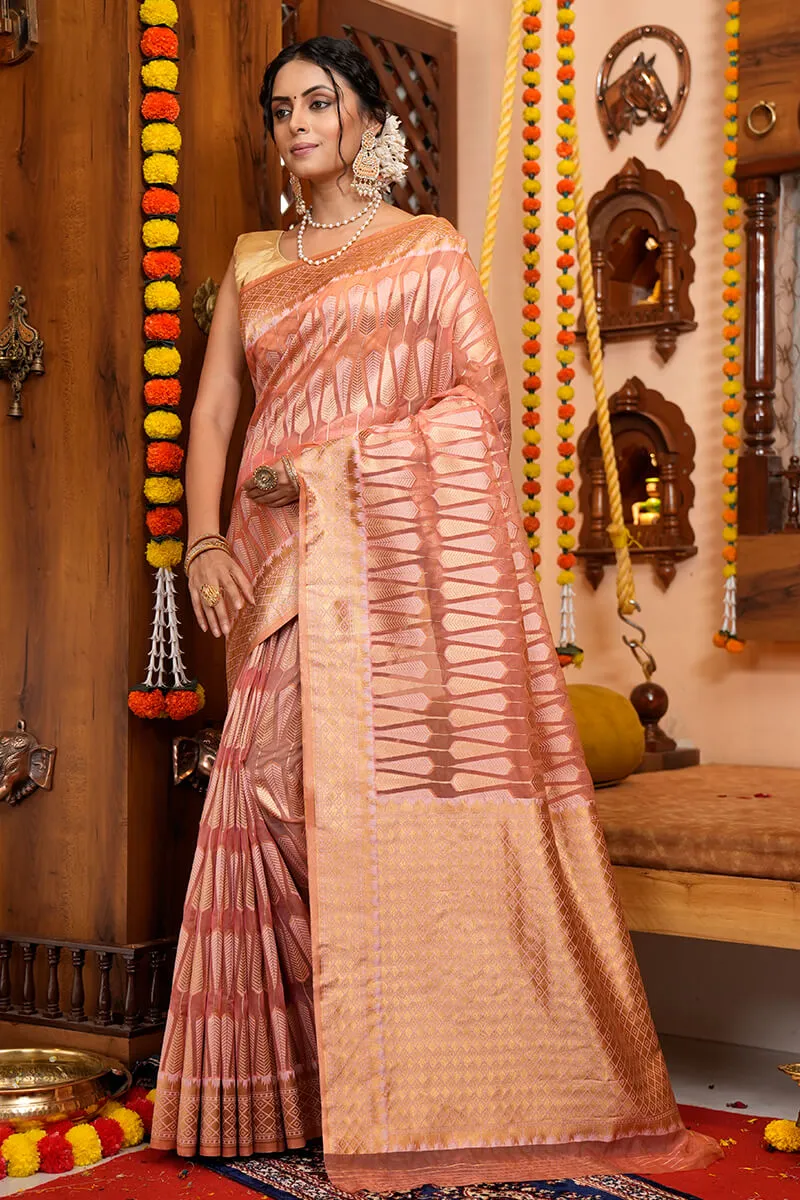 Felicitous Pink Organza Silk Saree With Snappy Blouse Piece