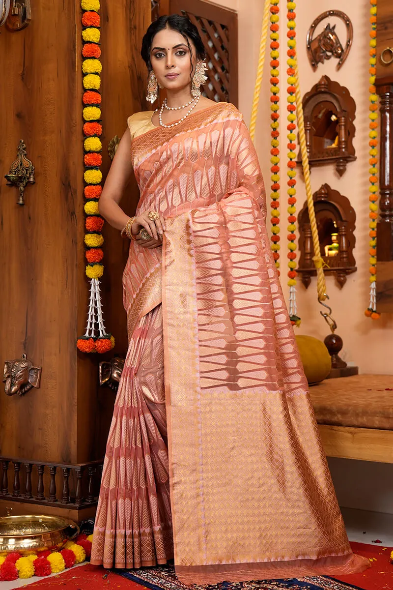 Felicitous Pink Organza Silk Saree With Snappy Blouse Piece