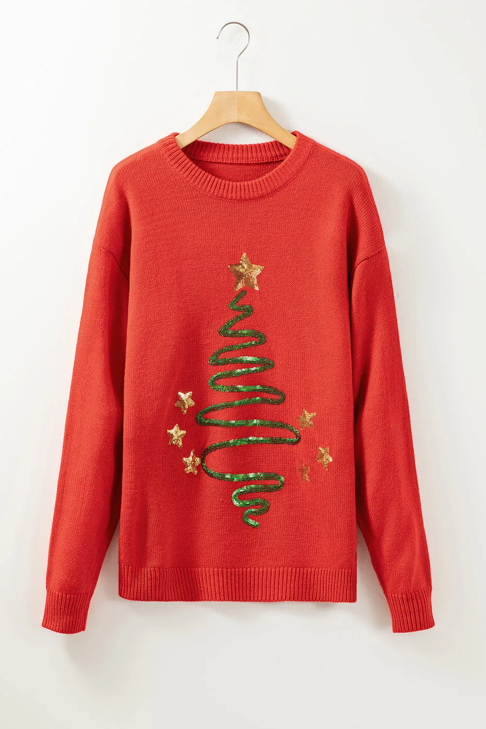 Fiery Red Sequined Christmas Tree Sketch Drop Shoulder Sweater