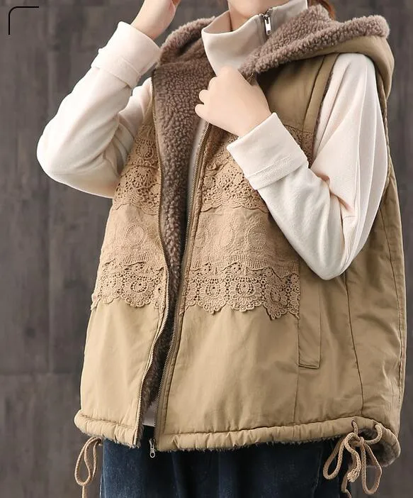 Fleece Vest Lace Trim Casual Coat Loose Hooded  Plus Size Coat Jacket