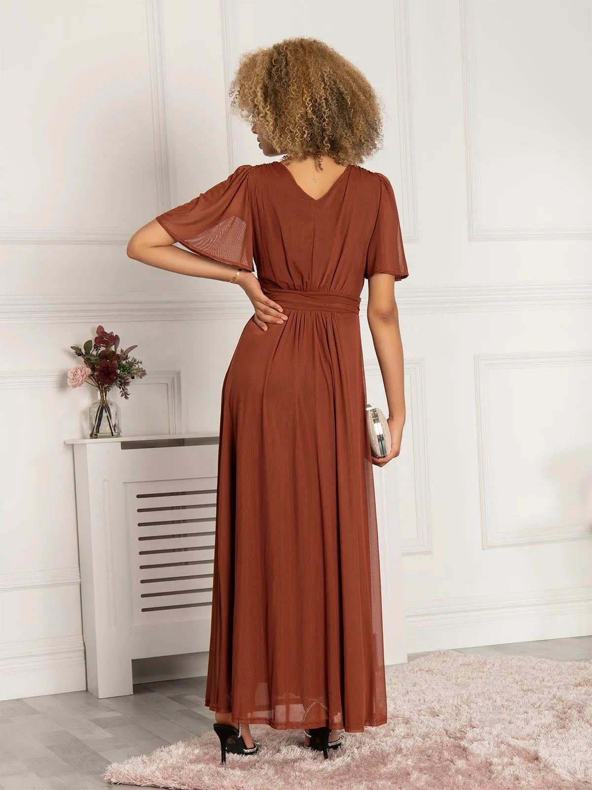 Flute Sleeve Mesh Maxi Dress, Rust