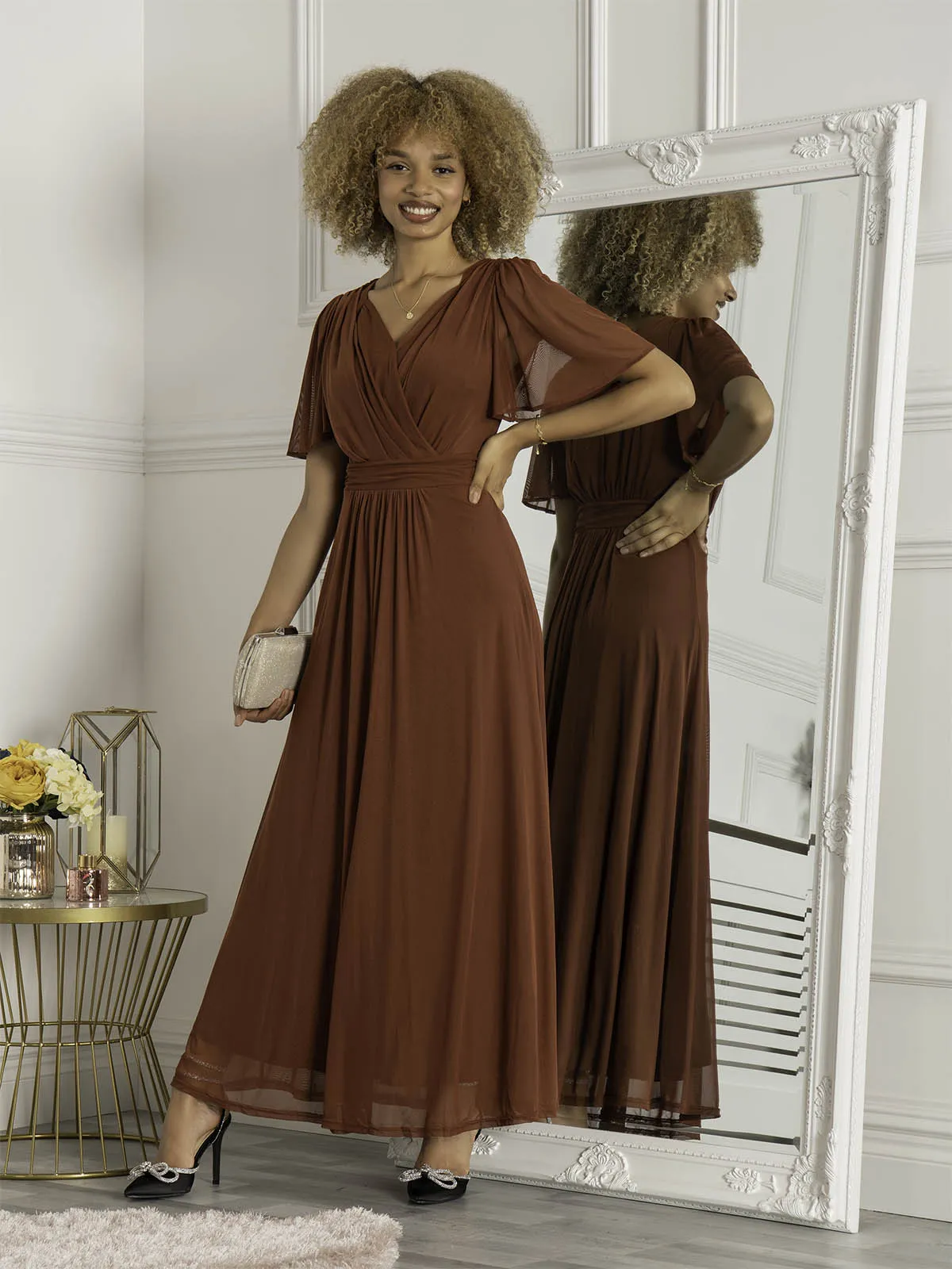 Flute Sleeve Mesh Maxi Dress, Rust