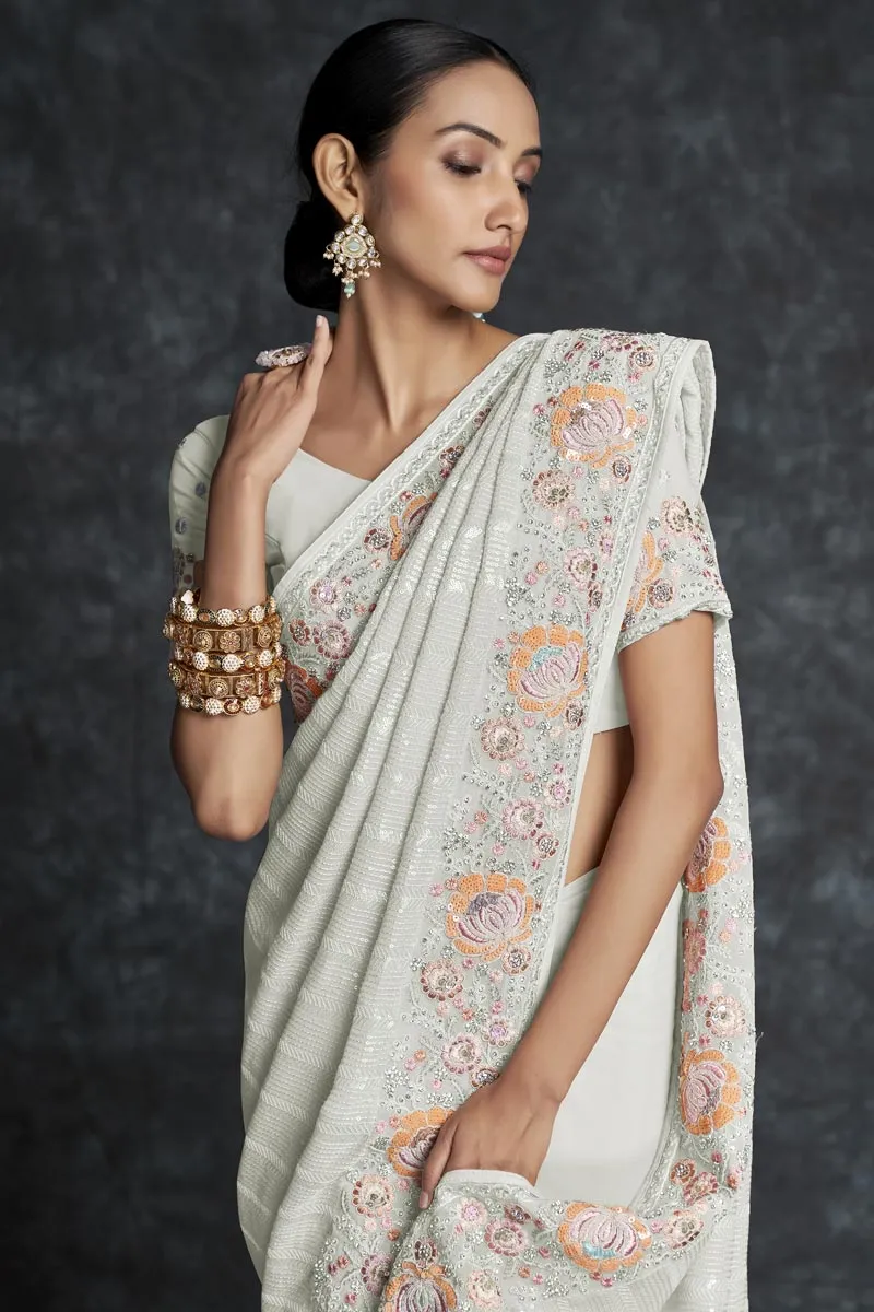 Georgette Embroidered White Contemporary Saree