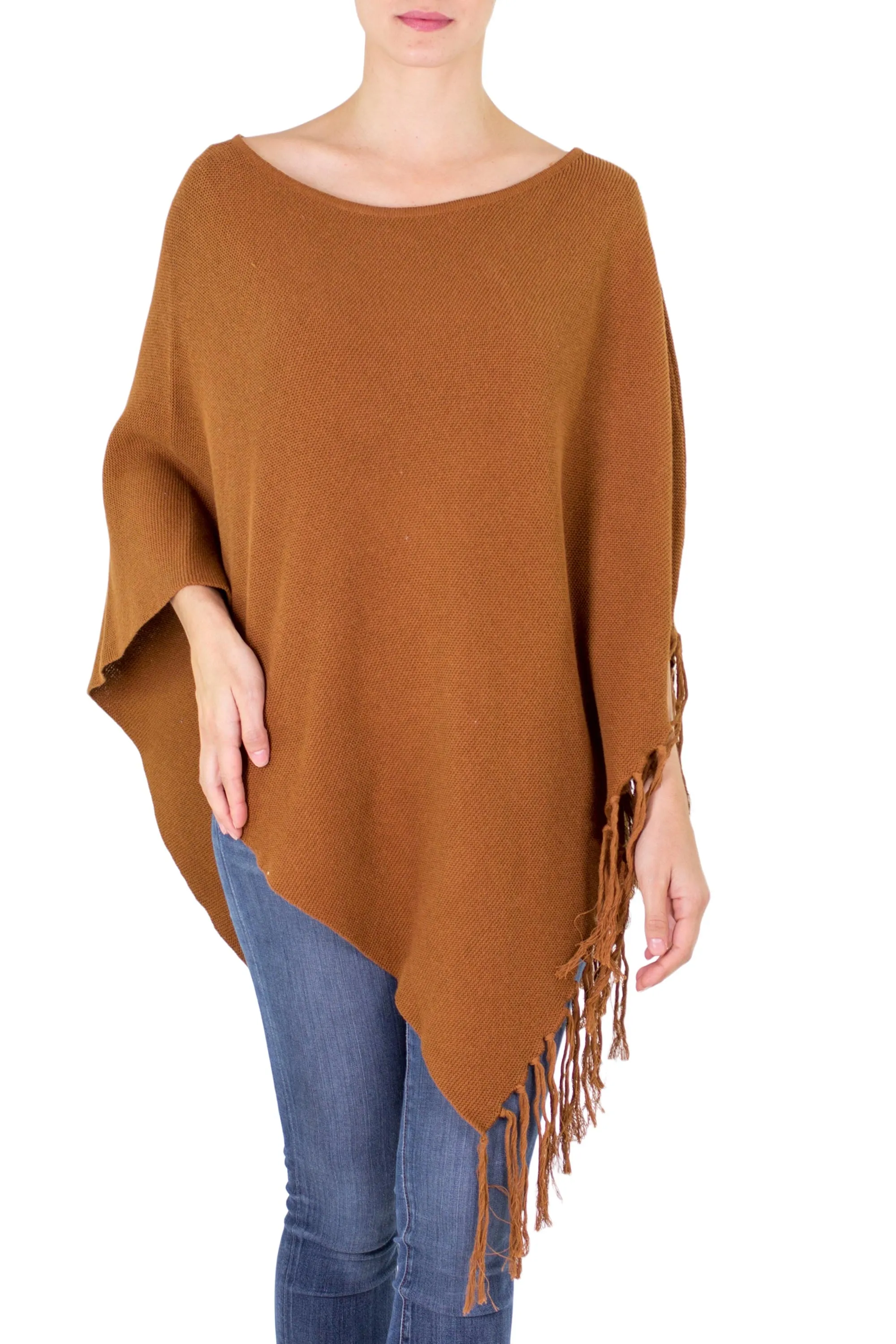 Gingerbread Color Cotton Poncho with Fringe - Spontaneous Style in Sepia | NOVICA