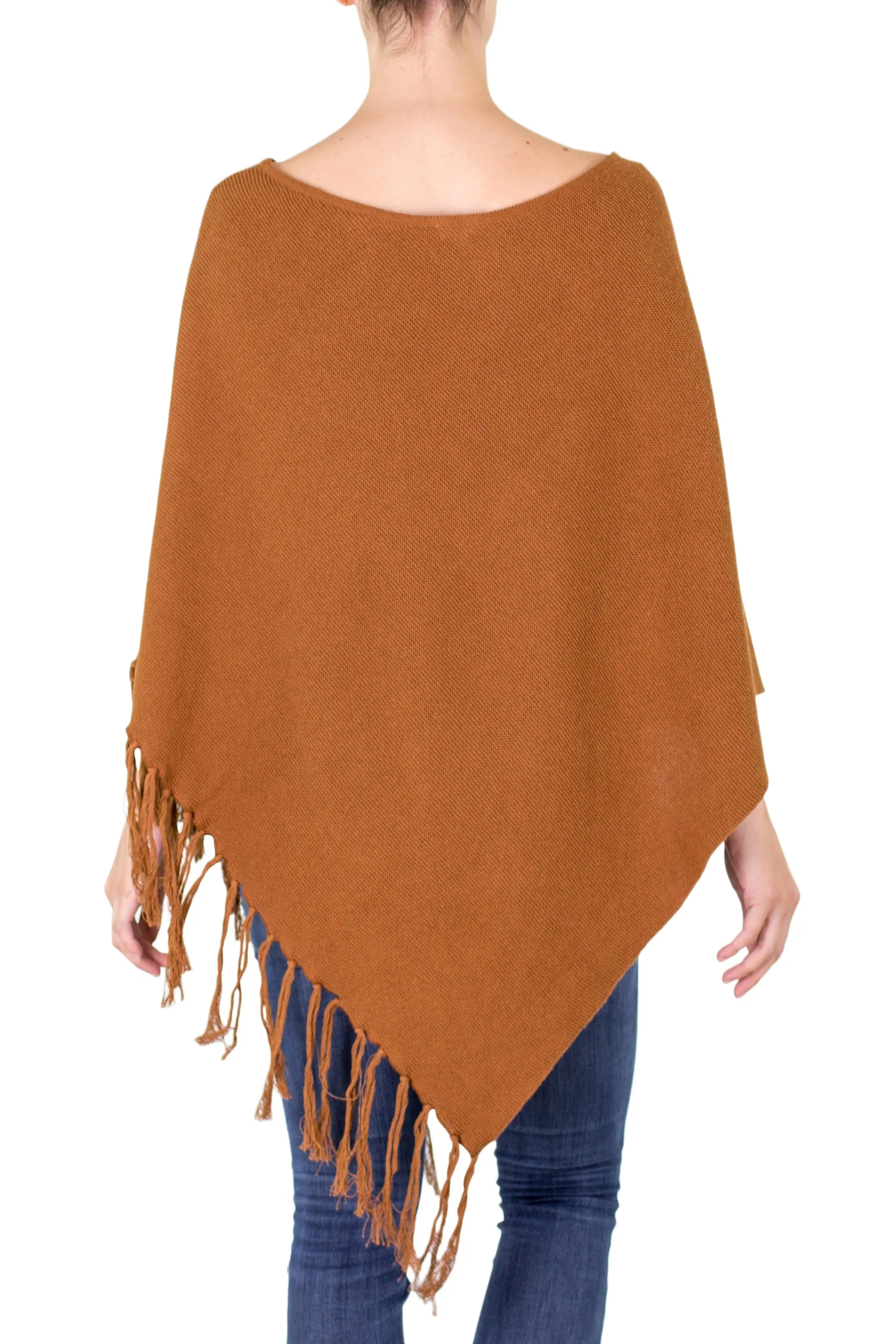 Gingerbread Color Cotton Poncho with Fringe - Spontaneous Style in Sepia | NOVICA