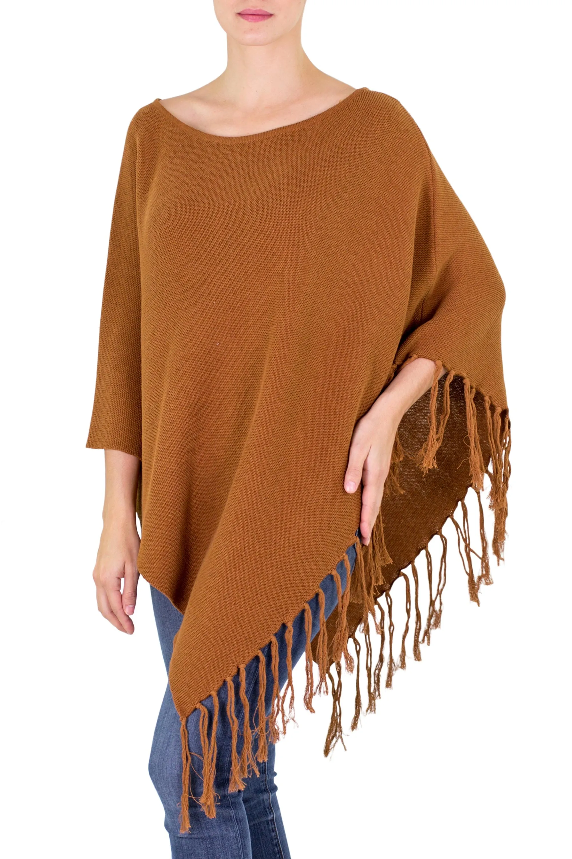 Gingerbread Color Cotton Poncho with Fringe - Spontaneous Style in Sepia | NOVICA