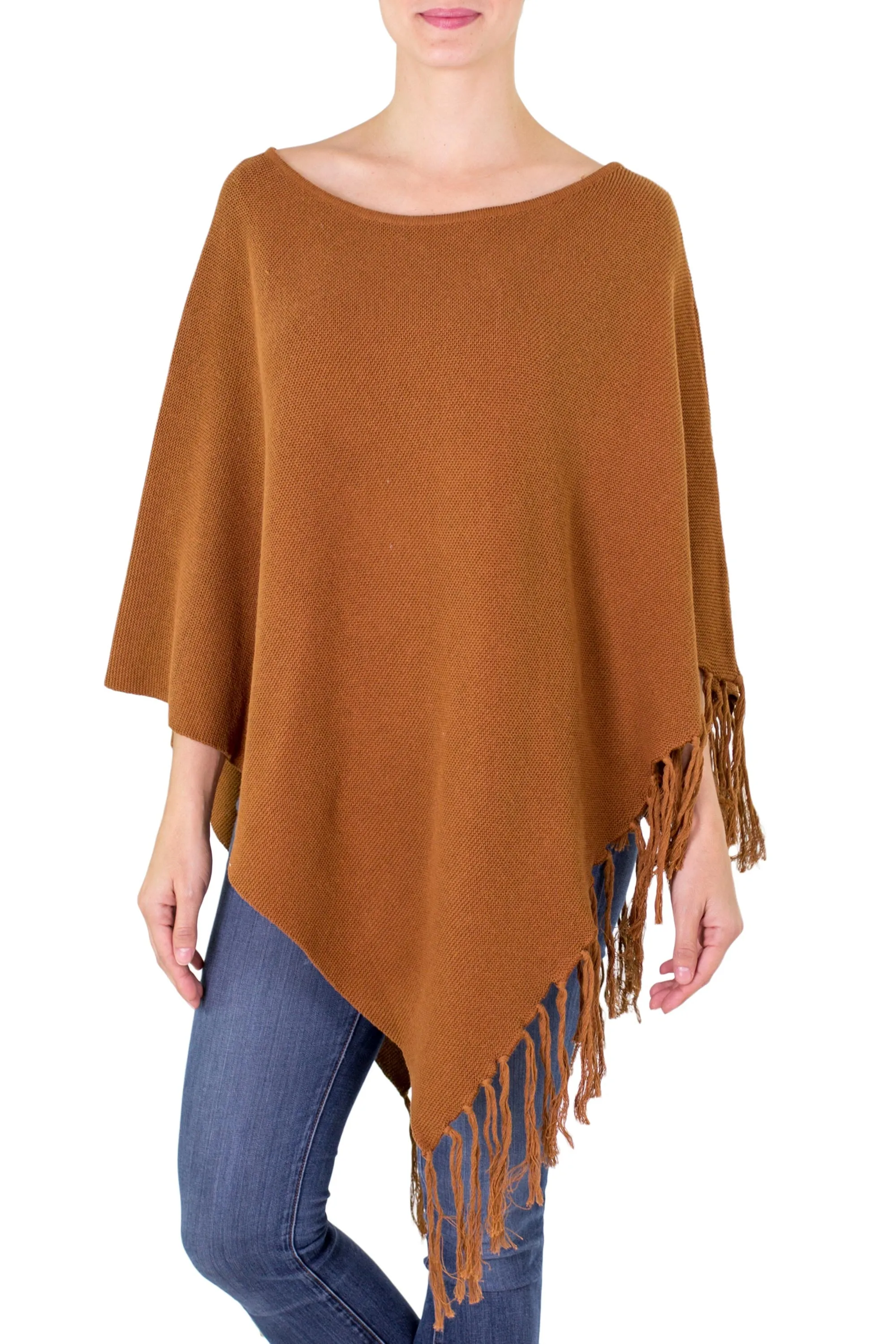 Gingerbread Color Cotton Poncho with Fringe - Spontaneous Style in Sepia | NOVICA