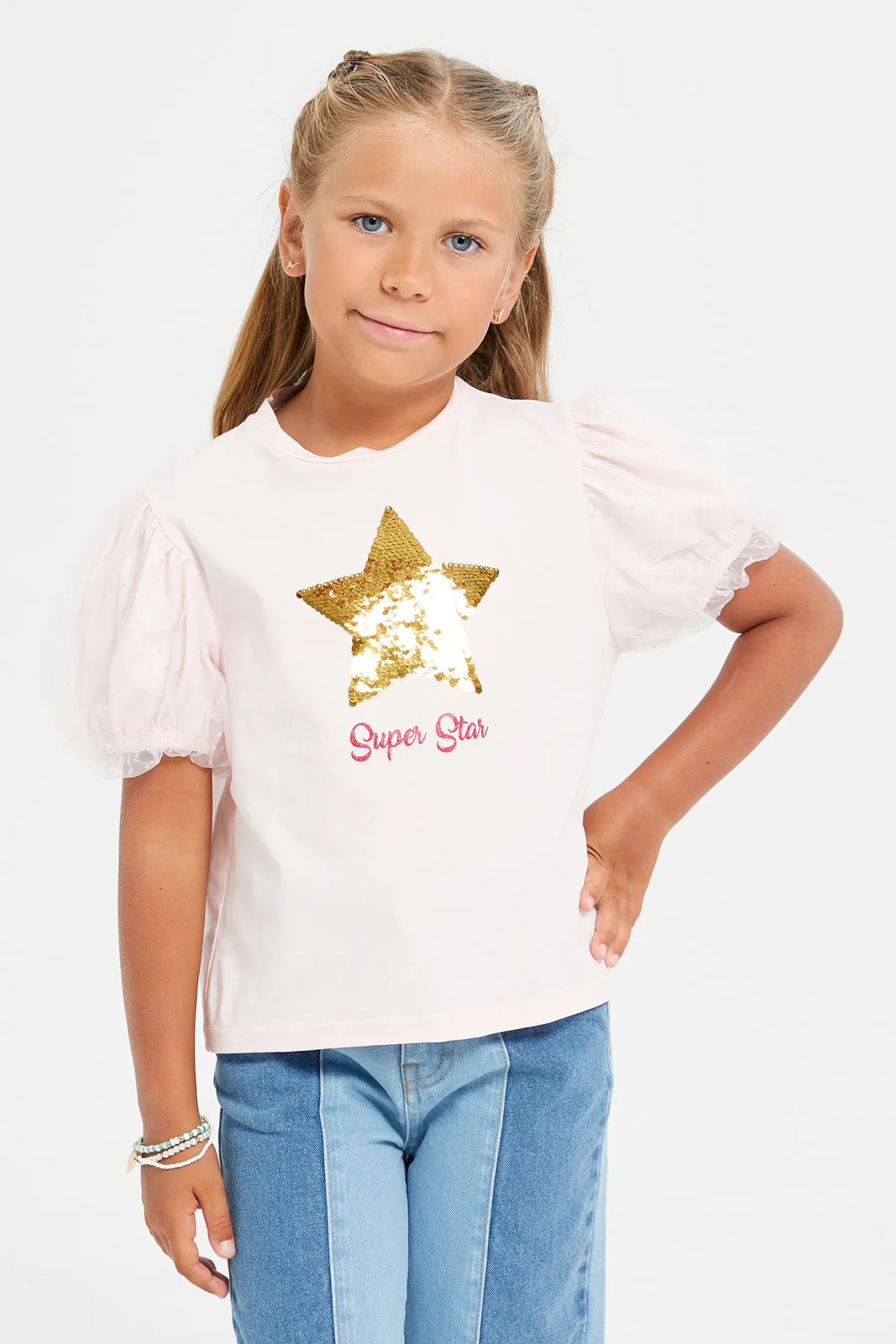 Girls Pink Sequins Work T-Shirt