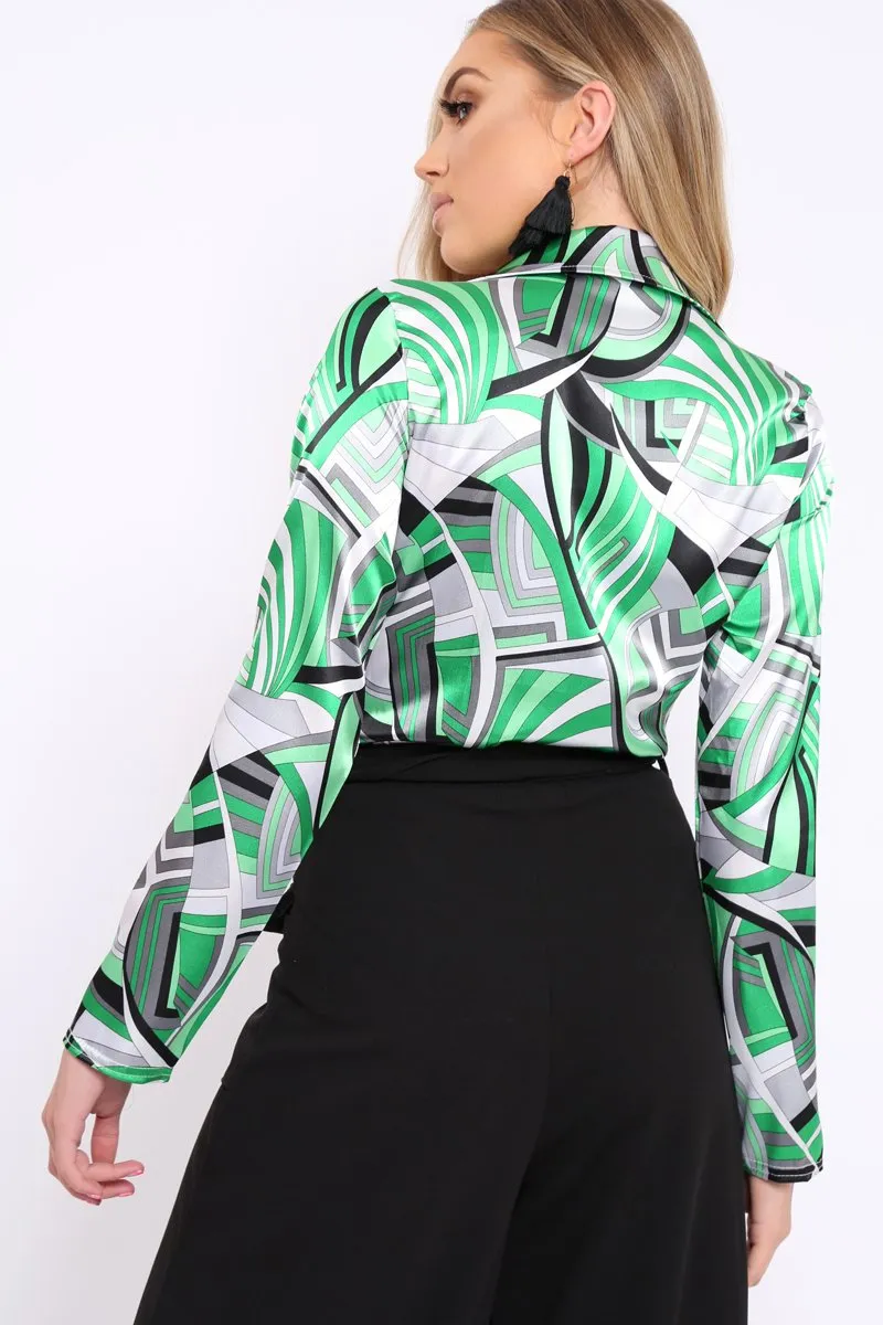 Green Geometric Print Plunge Satin Bodysuit - Hetty