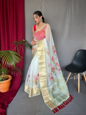 Green Mist Saree in Organza Digital Floral Print