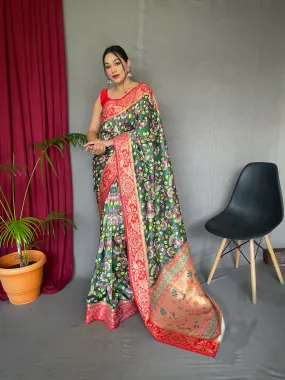 Green Pea Saree in Kalamkari Printed Paithani Silk