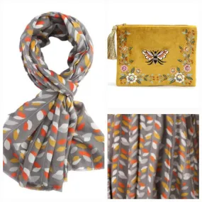 Grey Leaf Scarf & Bee Purse Set