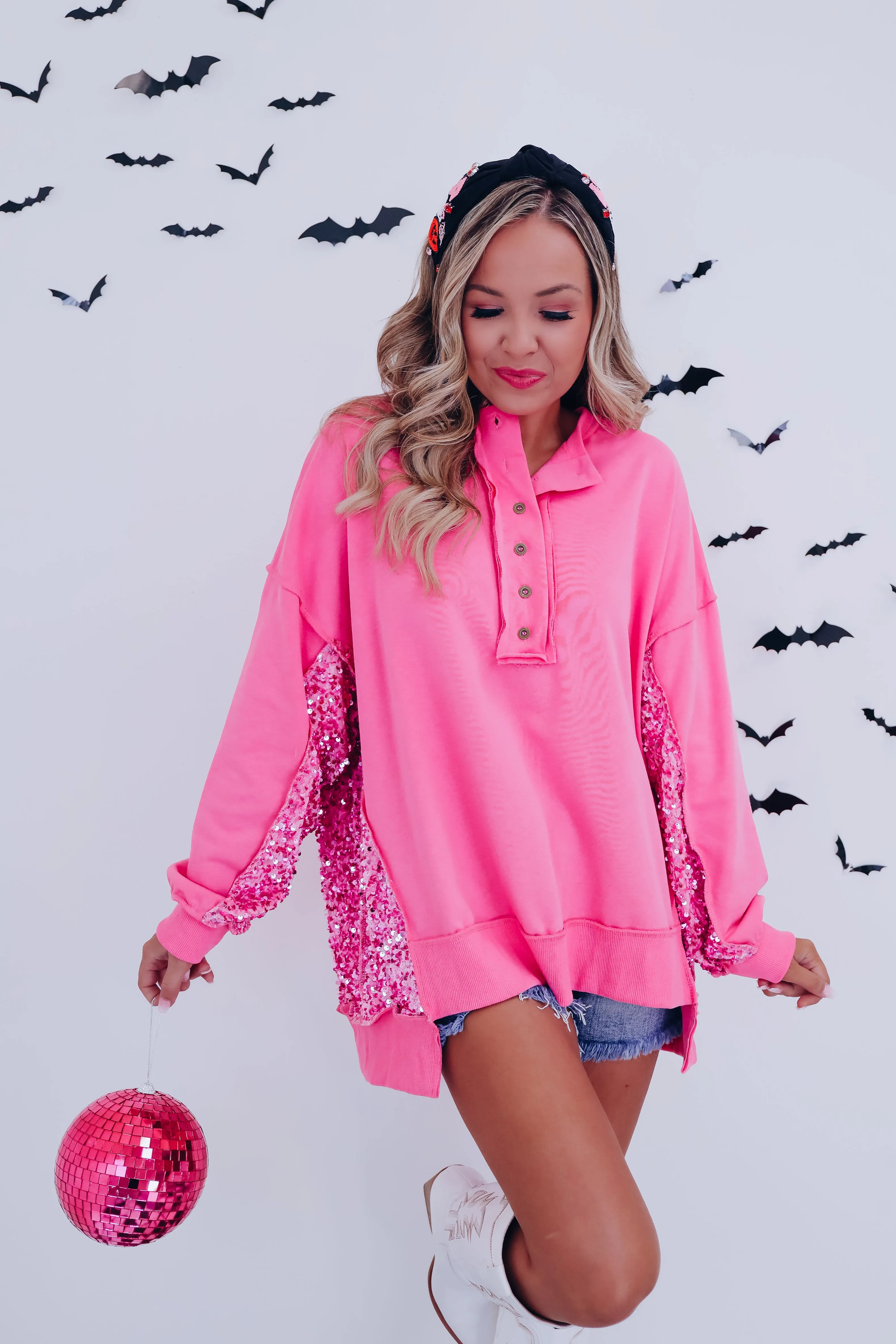 Henley Hi-Lo Sequin Top - Pink