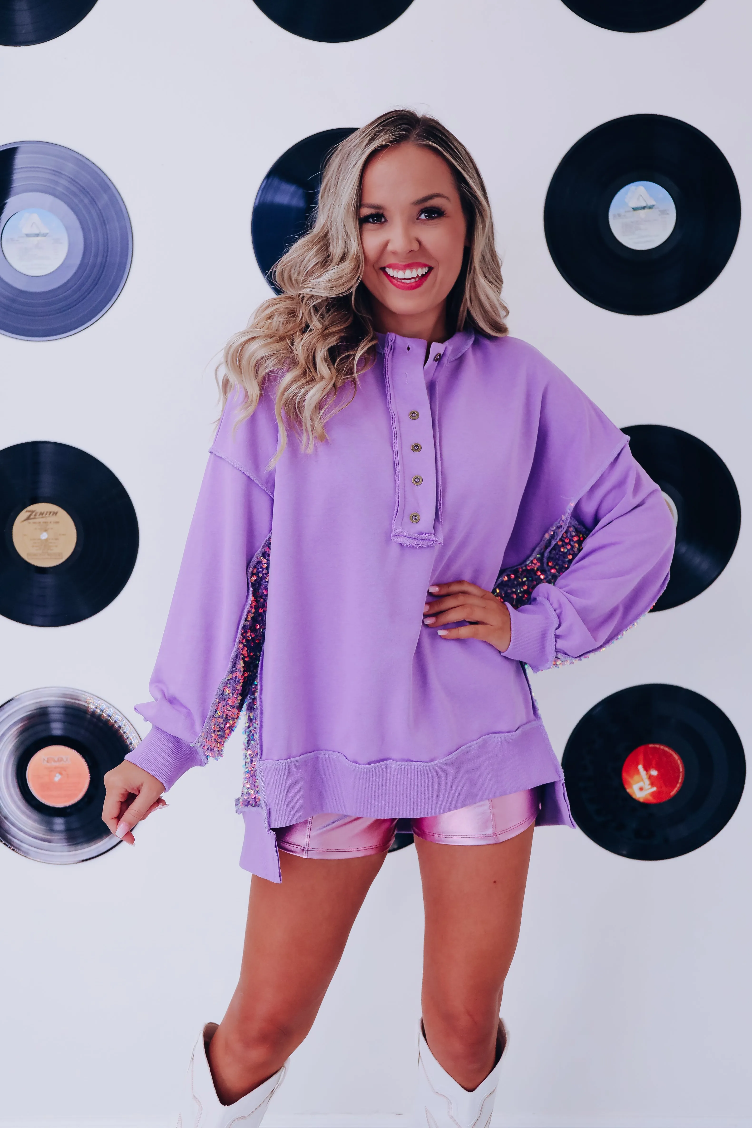 Henley Hi-Lo Sequin Top - Purple