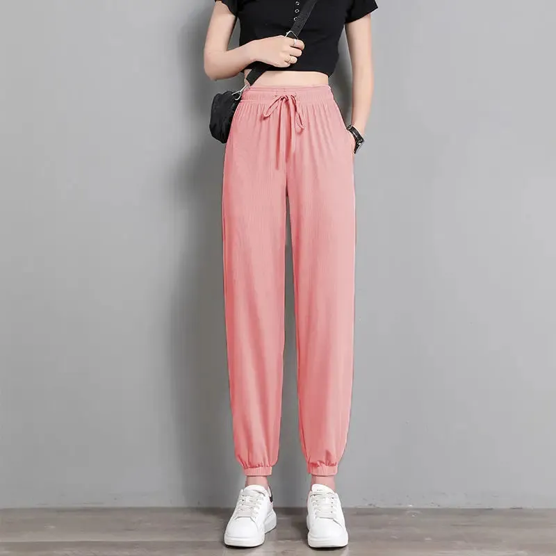 Hot Women's Wide Leg Pants Ice Silk Sweatpants Loose Bunched Feet Loose Leggings Thin Casual Sanitary Elastic Slacks Pants