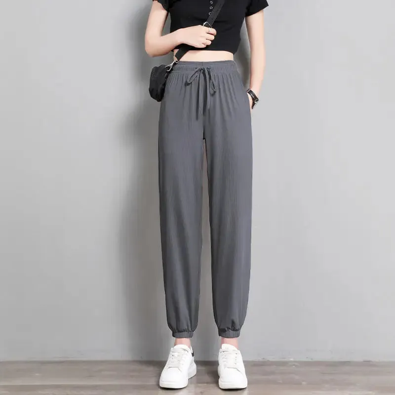 Hot Women's Wide Leg Pants Ice Silk Sweatpants Loose Bunched Feet Loose Leggings Thin Casual Sanitary Elastic Slacks Pants