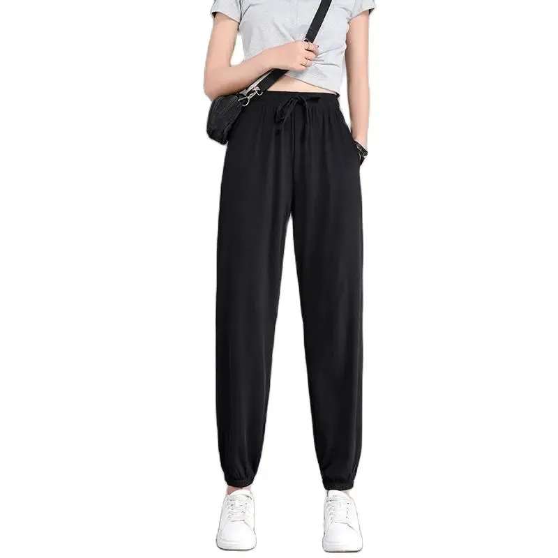 Hot Women's Wide Leg Pants Ice Silk Sweatpants Loose Bunched Feet Loose Leggings Thin Casual Sanitary Elastic Slacks Pants