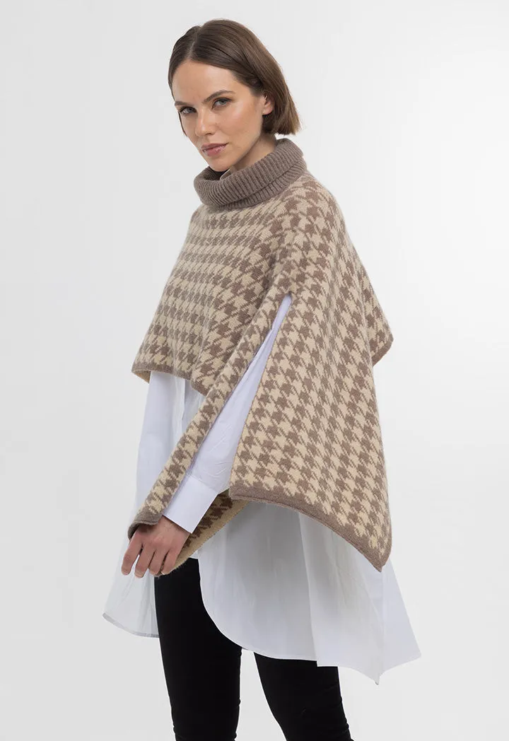 Houndstooth Pattern Ribbed High Neckline Winter Poncho