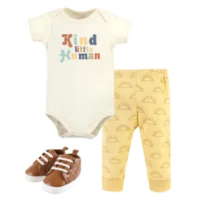 Hudson Baby Cotton Short Sleeve Bodysuit, Pant and Shoe Set, Kind Human