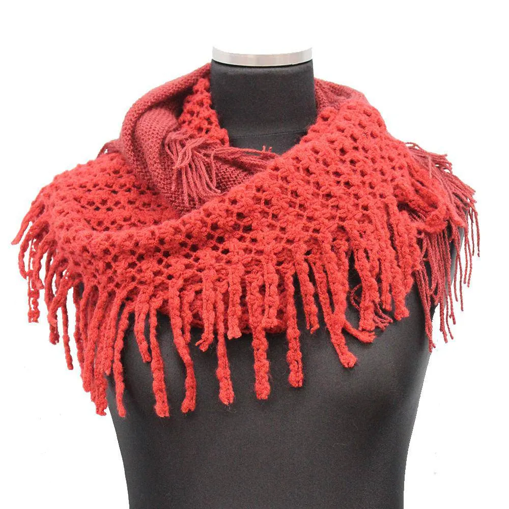 Infinity Scarf w/ Open Knit & Fringe - Terra Cotta/Burnt Sienna